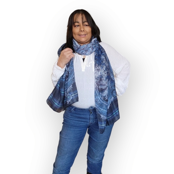 BLUE FLORAL AND PLAID WOMENS SHAWL SCARF - Picture 2 of 6